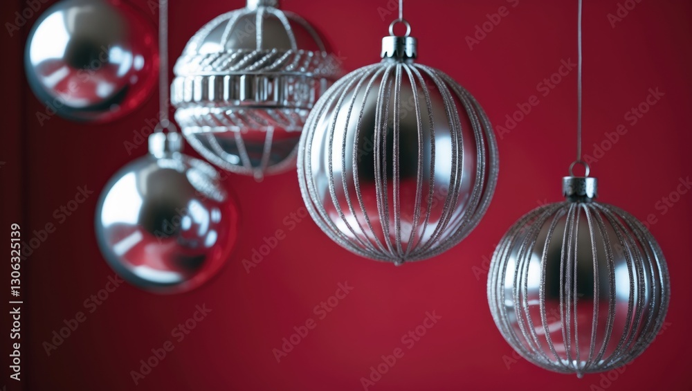 Obraz premium Festive ornaments suspended before a crimson backdrop