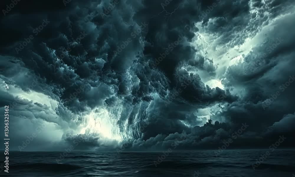 Dramatic ocean thunderstorm with lightning strikes and turbulent waves unleashing nature's fury