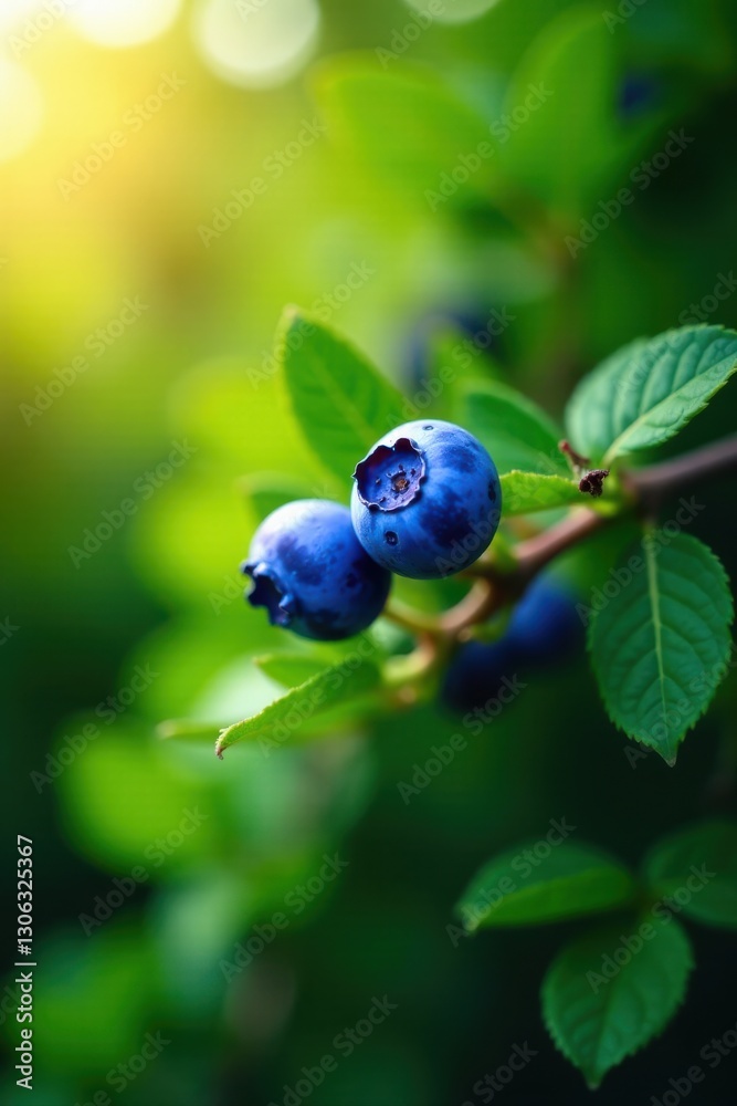 Sunlight Dapples Ripe Blueberries on Lush Green Foliage, a Close-Up View of Nature's Bounty Sunlight Dapples Ripe Blueberries on Lush Green Foliage, a Close-Up View of Nature's Bounty