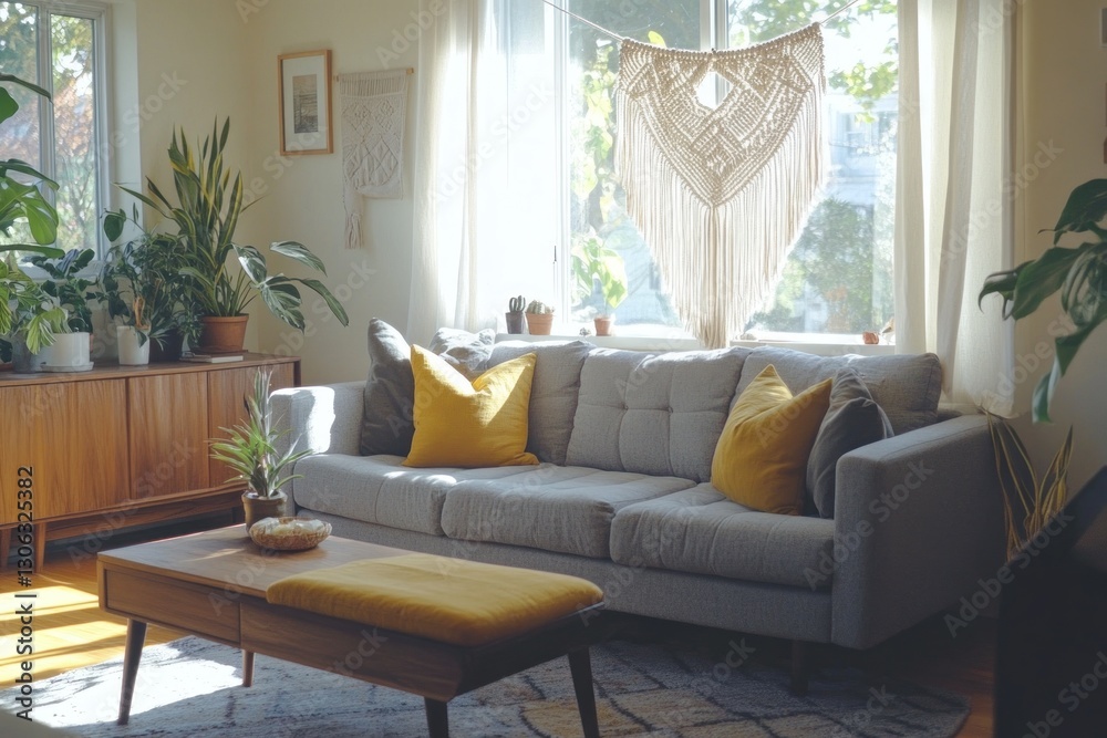 Fototapeta premium Cozy living room with natural light, comfortable gray sofa, and warm yellow accents.