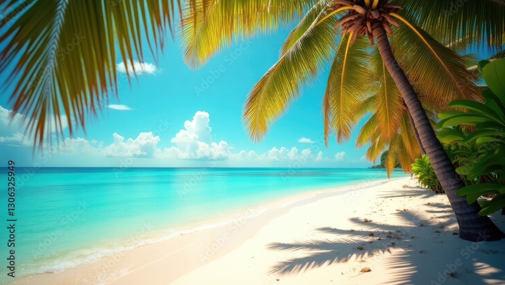 tropical beach scenery with palm tree fronds under a sunny sky. Theme of summer getaway and relaxation by the shore. tropical beach scenery with palm tree fronds under a sunny sky. Theme of summer getaway and relaxation by the shore.