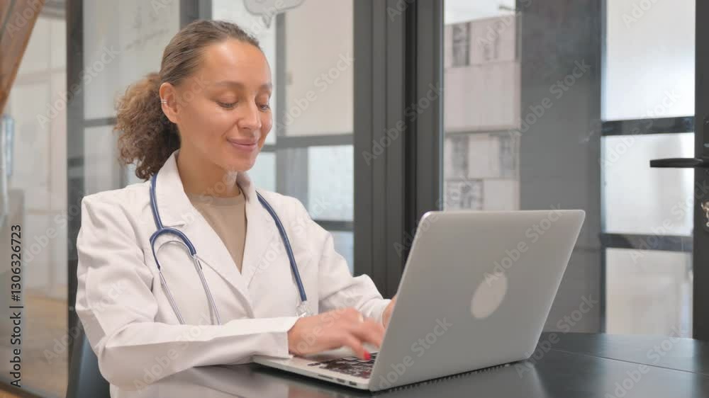 Multiracial Female Doctor Smiling at Camera while Working on Laptop Multiracial Female Doctor Smiling at Camera while Working on Laptop
