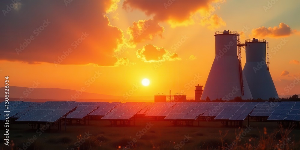 Sunset over solar panels and industrial cooling towers, a vibrant scene of renewable energy and industrial infrastructure. Sunset over solar panels and industrial cooling towers, a vibrant scene of renewable energy and industrial infrastructure.