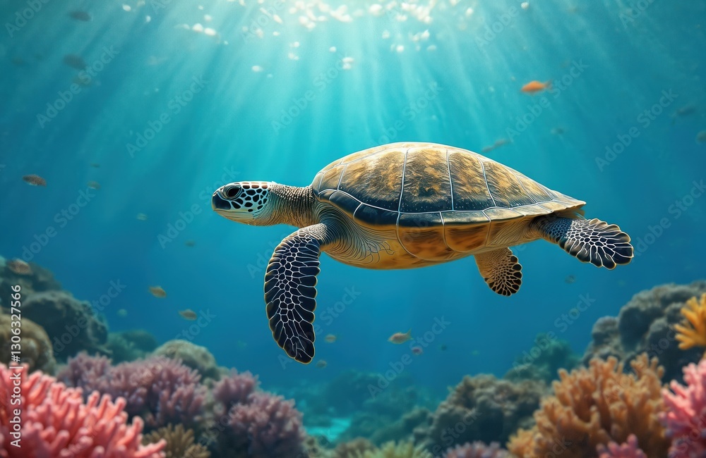 Obraz premium Sea turtle swims in ocean through coral reef with marine wildlife. Tropical underwater ecosystem with blue water, sunlight. Flora, fauna of aquatic environment. Marine animal swims freely in nature.