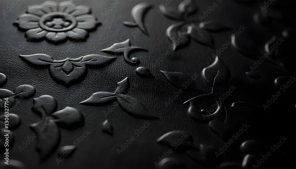 Close-up of a black leather surface with a floral pattern, the design is embossed, creating a raised texture Close-up of a black leather surface with a floral pattern, the design is embossed, creating a raised texture