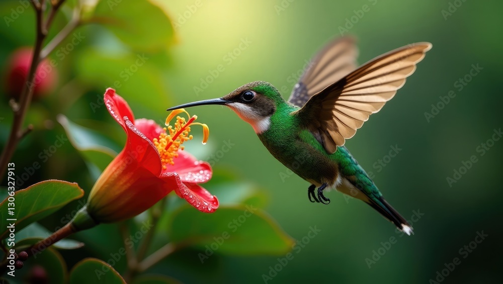 Fototapeta premium Rare Green Hermit Hummingbird, Phaethornis guy, from Costa Rica, depicted in flight near a vibrant red flower in a rainy tropical forest, showcasing a feeding moment in its natural habitat.