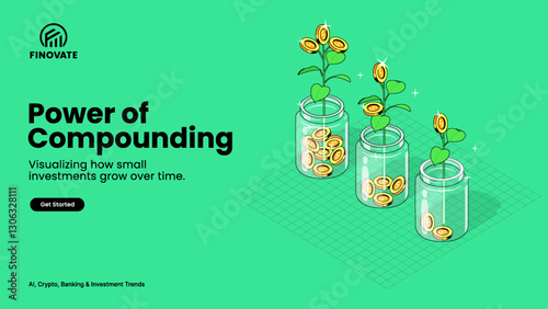 Power of Compounding – Financial Growth Concept with Money Plants and Investment Jars – Business and Wealth Illustration