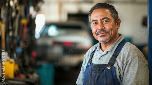 A portrait of a middle-aged male mechanic working in a workshop, showcasing his skills and friendly demeanor amidst various tools and automotive equipment.