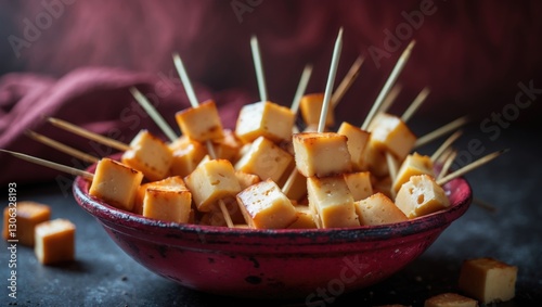 skewers of grilled coalho cheese arranged within a red dish