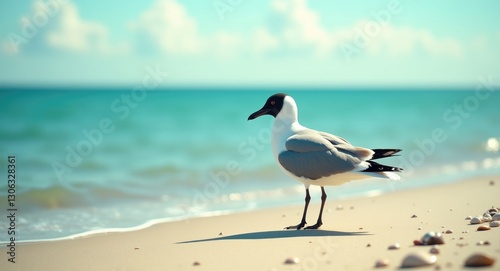 Fototapeta Naklejka Na Ścianę i Meble -  Seagull strolling along the shore. A solitary black-headed seagull on the sandy beach of the Baltic Sea. Chroicocephalus ridibundus.