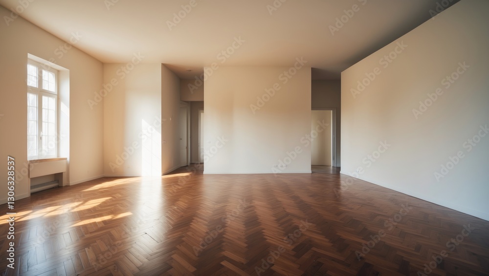 Obraz premium Spacious interior of vacant apartment featuring a herringbone wood floor.