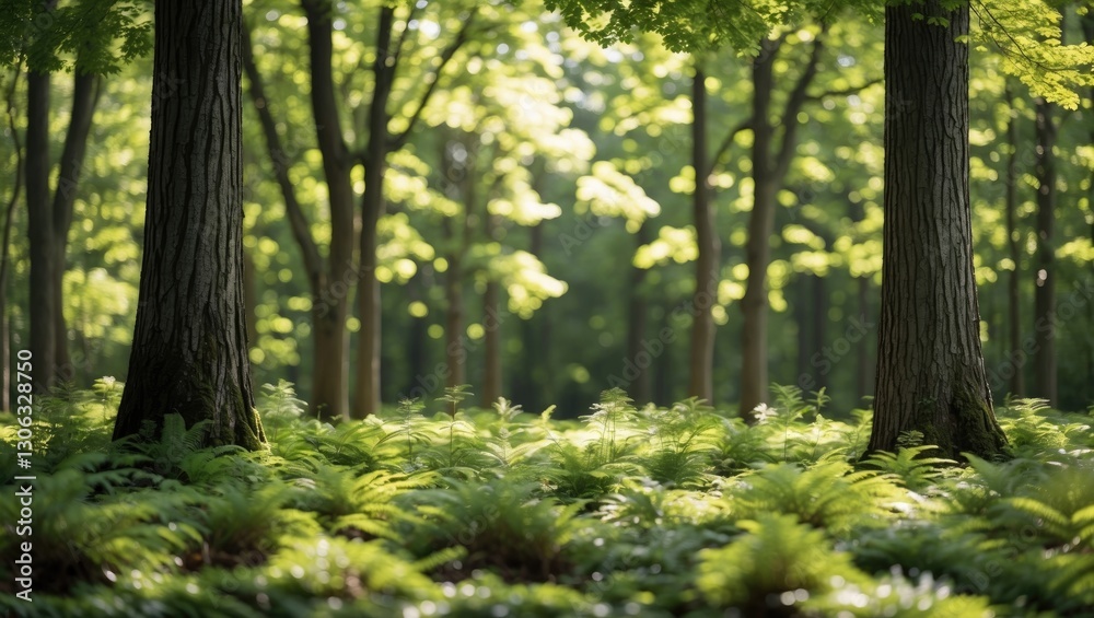 Obraz premium In a forest clearing, sunlight gracefully highlights the lush green canopies of the tall beech trees.