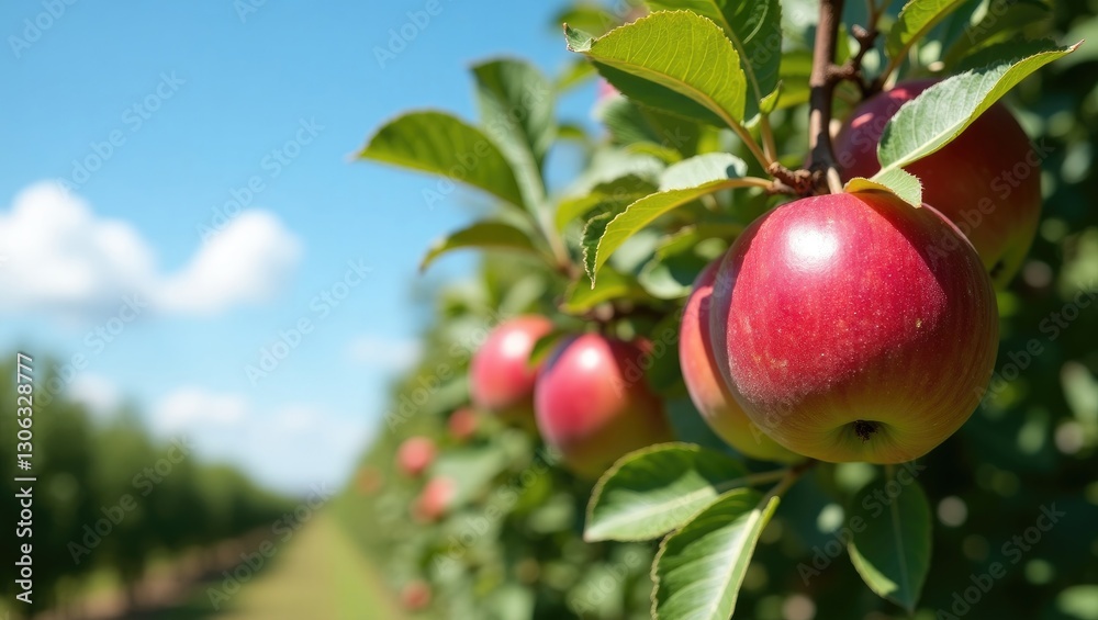 crimson apples hanging from branches in an orchard crimson apples hanging from branches in an orchard