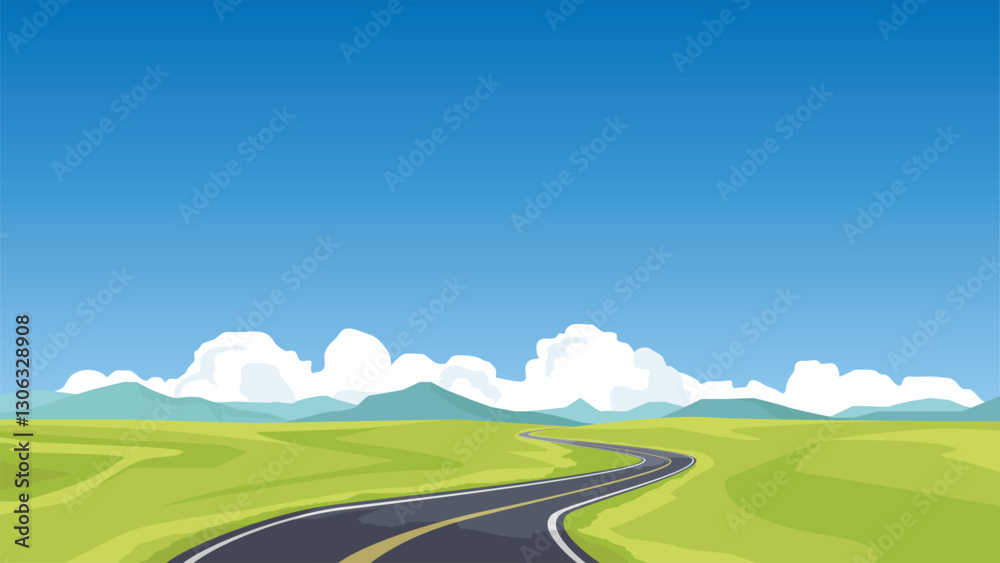 Fototapeta premium Stylized landscape with a winding road leading into the distance. Fluffy white clouds dot a bright blue sky above rolling green hills. Whimsical scene that evokes a sense of journey and open space.