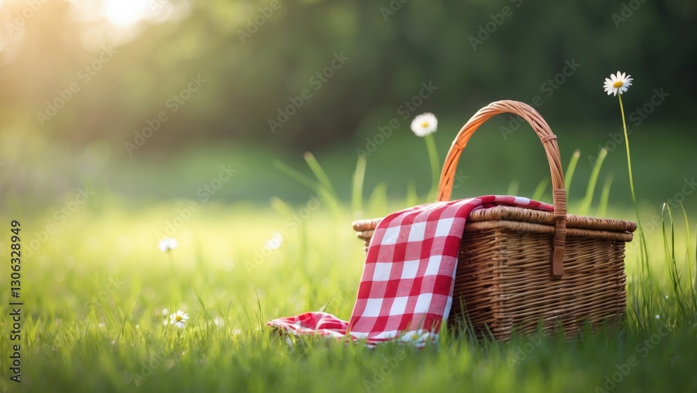 basket for a picnic set on a grassy area basket for a picnic set on a grassy area