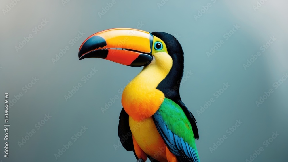 Fototapeta premium vibrant toucan bird showcasing its large beak against a soft grey-blue backdrop