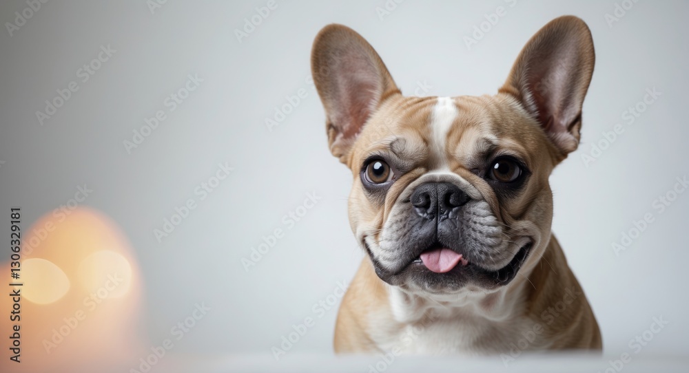 cheerful image of a French bulldog against a light background. playful pup with a humorous expression cheerful image of a French bulldog against a light background. playful pup with a humorous expression
