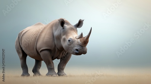 Old rhino with battle scars standing strong in the savannah landscape