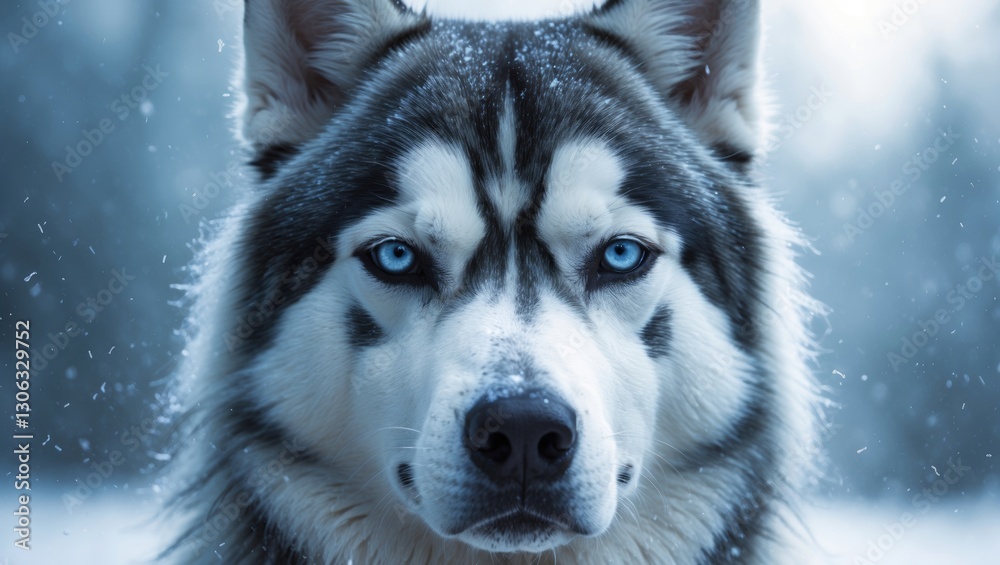 Close-up shot of a Husky with striking blue eyes amidst a snowy winter backdrop.