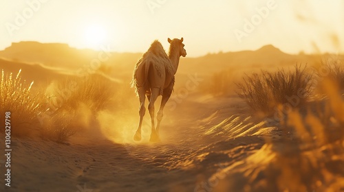 Lone camel stride through endless desert sun beating down heat wave distort golden dune distance thick fur covered fine sand braving extreme heat Hyper realistic skin sand texture cinematic golden