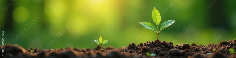 Naklejka premium Two young oak trees sprout from one acorn; one thrives, one struggles, contrast, tree