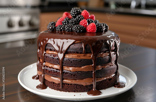 chocolate cake with berries on top, cake photography for bakery 