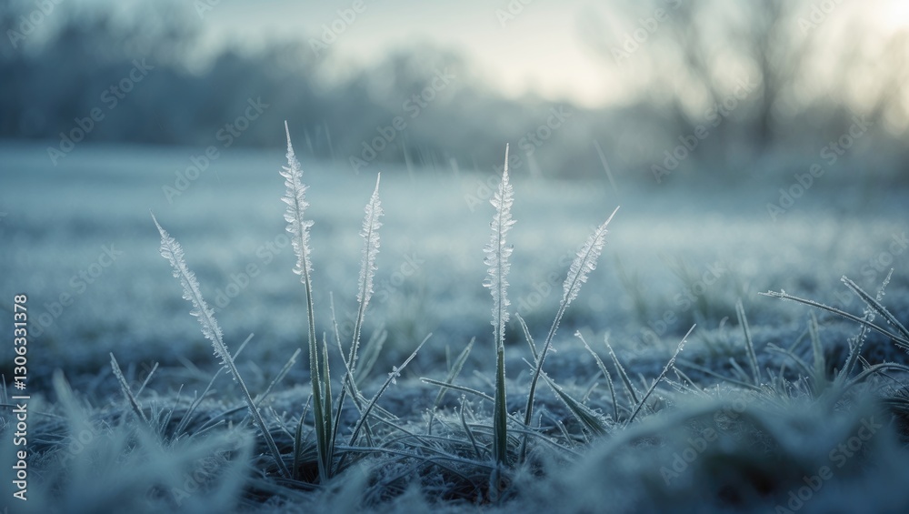 Obraz premium During winter, grass is frosted over. Spring grass peeks through the snow. Close-up of frost on grass. A scene from late autumn or early winter. Spring frosts.