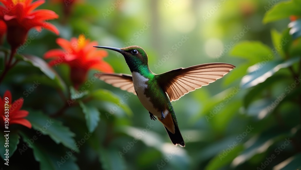 Fototapeta premium Hummingbird amidst vibrant red flowers in a forest setting. Green Violet-ear, Colibri thalassinus, showcasing its flight in the tropical wooded area of Savegre, Costa Rica. A wildlife moment captur...