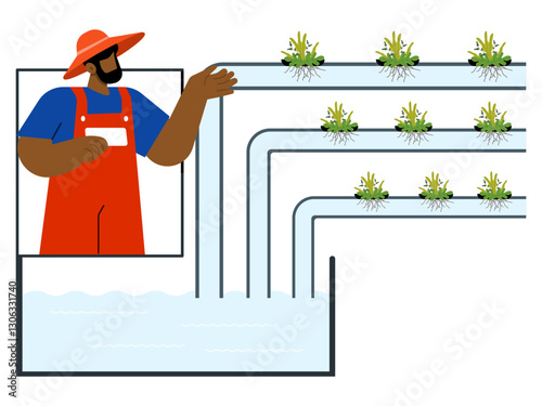 Hydroponic planting concept.  Farmer shown of installation hydroponic irrigation systems, agribusiness worker, agricultural input sector.