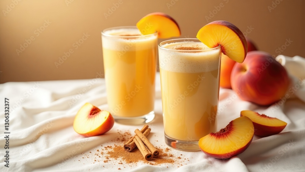 peach smoothies arranged on a white surface peach smoothies arranged on a white surface