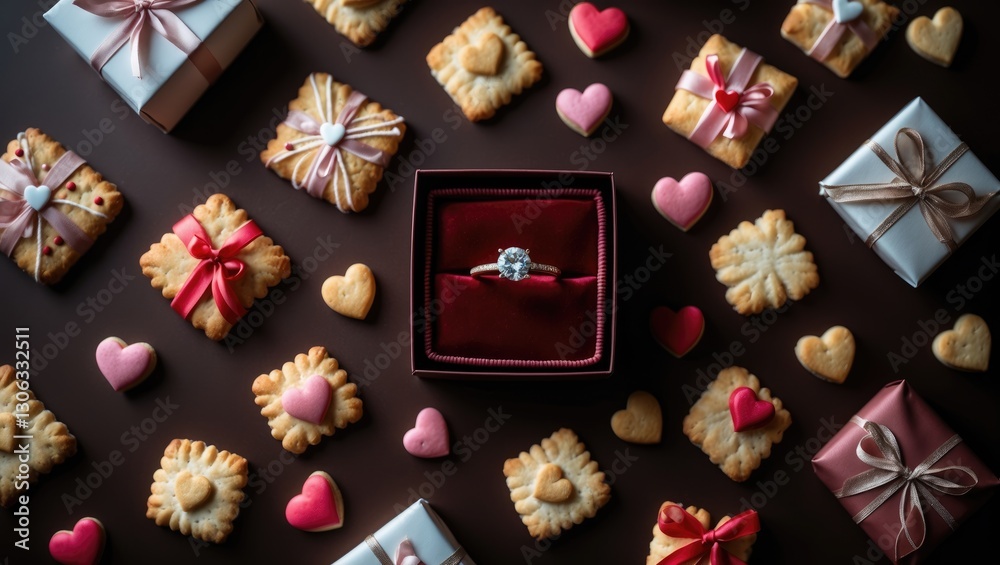 Bird's-eye view of Valentine's Day gifts featuring a ring and cookies on a dark brown backdrop celebrating love and romance. Bird's-eye view of Valentine's Day gifts featuring a ring and cookies on a dark brown backdrop celebrating love and romance.