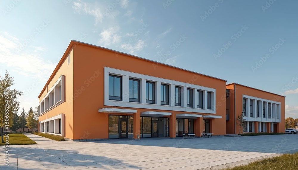 Exterior of modern school building in Polessk, Kaliningrad region, Russia. Minimalist orange facade with white window frames under clear blue sky, reflects innovative educational design, urban Exterior of modern school building in Polessk, Kaliningrad region, Russia. Minimalist orange facade with white window frames under clear blue sky, reflects innovative educational design, urban