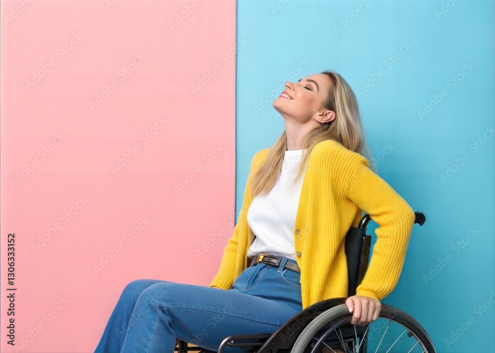 Woman in Wheelchair Posing Against Vibrant Background. Woman in Wheelchair Posing Against Vibrant Background.