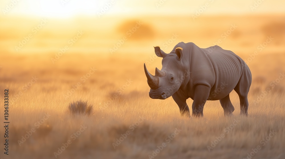 Obraz premium Majestic rhino walks through golden grass at sunrise with soft morning light