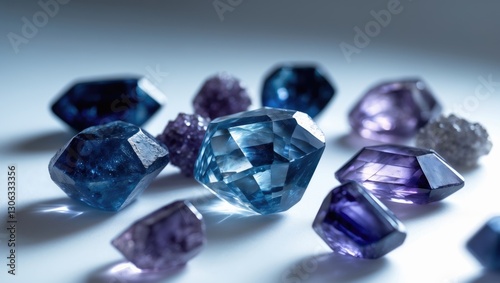 raw gemstones featuring blue sapphire, diamonds, amethyst, and tanzanite on a light backdrop
