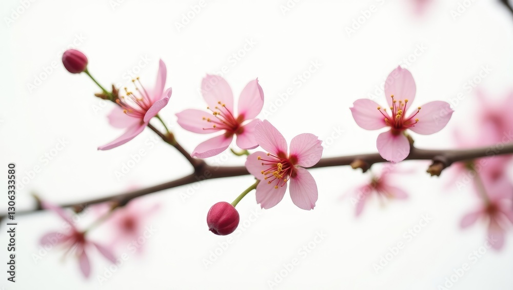 Fototapeta premium delicate cherry plum branch with blossoms, set against a white backdrop