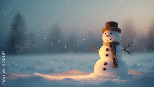 Snowman adorned with cozy lights set against a snowy backdrop
