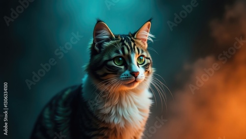 striped and white short-haired European feline