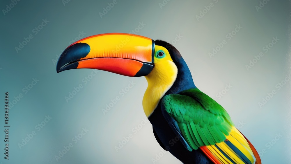 vivid toucan bird with a large beak against a blue-grey backdrop vivid toucan bird with a large beak against a blue-grey backdrop