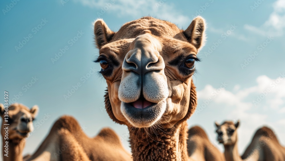 Obraz premium Head of an Arabian camel, with its mouth slightly ajar and a curious gaze in its bright eye, as if ready to speak, surrounded by fellow camels and a blue sky in the background.