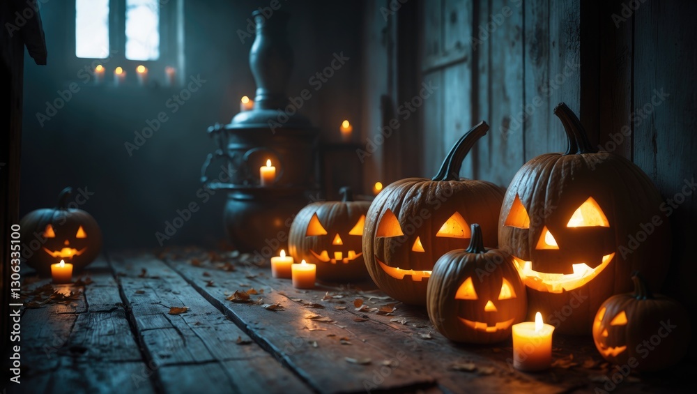 Fototapeta premium Classic Halloween illuminated jack-o'-lanterns, small kettle and candles resting on the wooden floor.