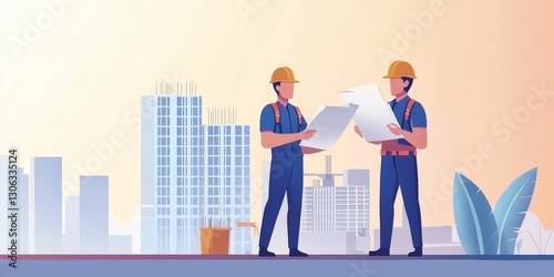 Two construction workers review blueprints at sunrise. They wear hard hats and uniforms in front of tall buildings. Teamwork drives project success in construction.