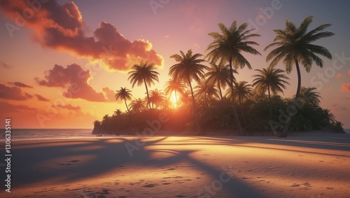 depiction of a palm tree island during sunset in wide format