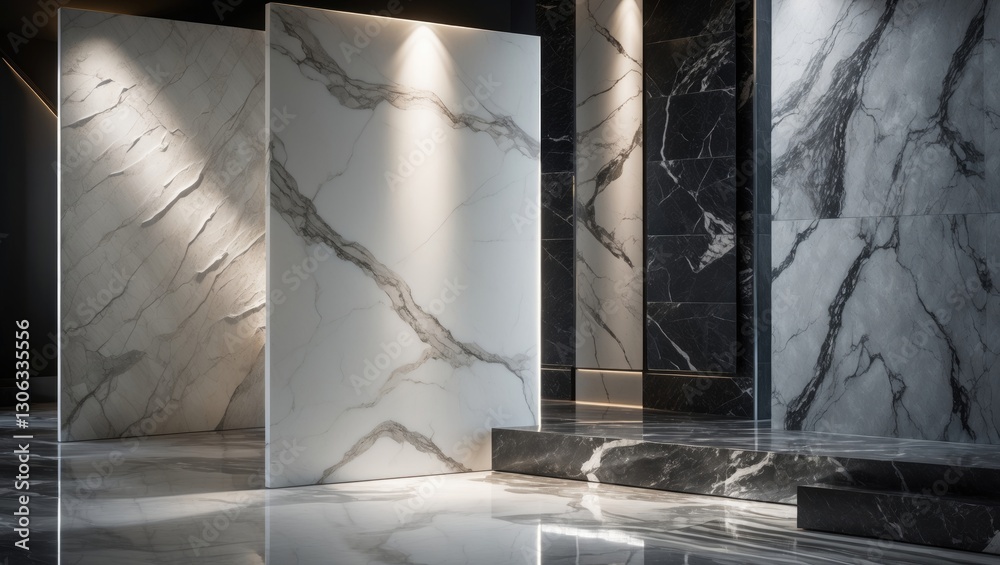 Obraz premium white satvario marble textures featuring glossy calacatta marble with grey veins, Thassos statuarietto tiles, and Portoro stone effects, reminiscent of emperador and travertino marbles.