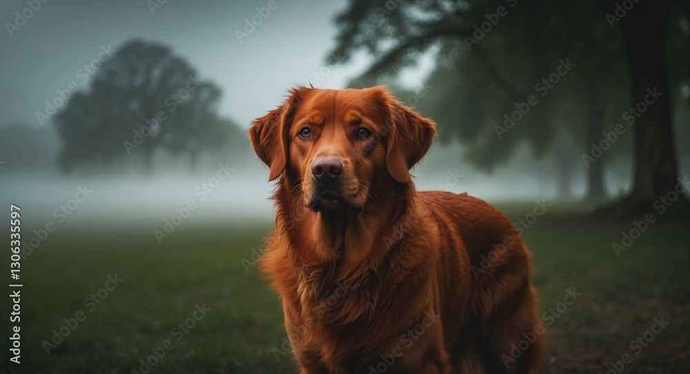 Fototapeta premium golden retriever standing in a misty park