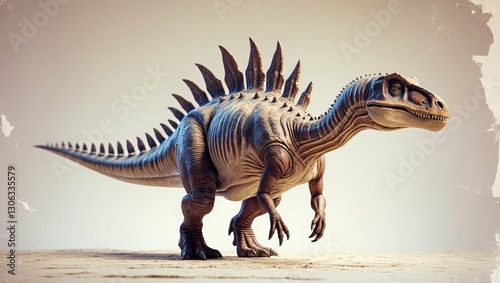 Stegosaurus, plant-eating dinosaur from the Jurassic era of the Mesozoic, featuring spikes and bony plates, lifelike illustration, set against a white backdrop.