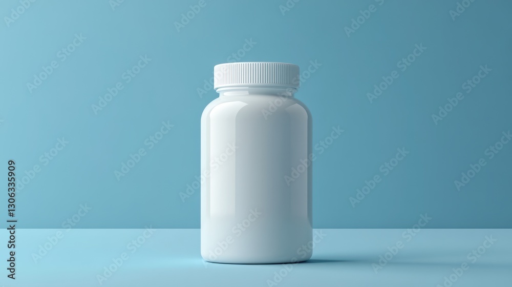 minimalist presentation of a white glossy medicine bottle on light blue backdrop showcasing pharmacy product packaging and pill storage minimalist presentation of a white glossy medicine bottle on light blue backdrop showcasing pharmacy product packaging and pill storage