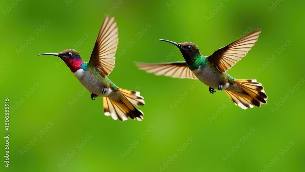 Fototapeta premium Golden-bellied Starfrontlet Hummingbirds, Coeligena bonapartei, showcasing their long golden tails in mid-flight with vibrant open wings, set against a vivid green backdrop in Chicaque Natural Park...