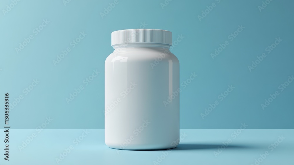 clean studio shot of a blank white plastic jar with a ribbed lid against a serene light blue backdrop perfect for displaying medical or beauty products clean studio shot of a blank white plastic jar with a ribbed lid against a serene light blue backdrop perfect for displaying medical or beauty products