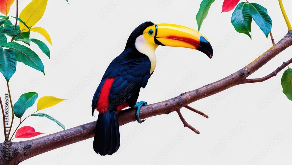 Obraz premium Vividly Colored Toco Toucan Relaxing on a Branch Against a White Background, Known as the Common Toucan.